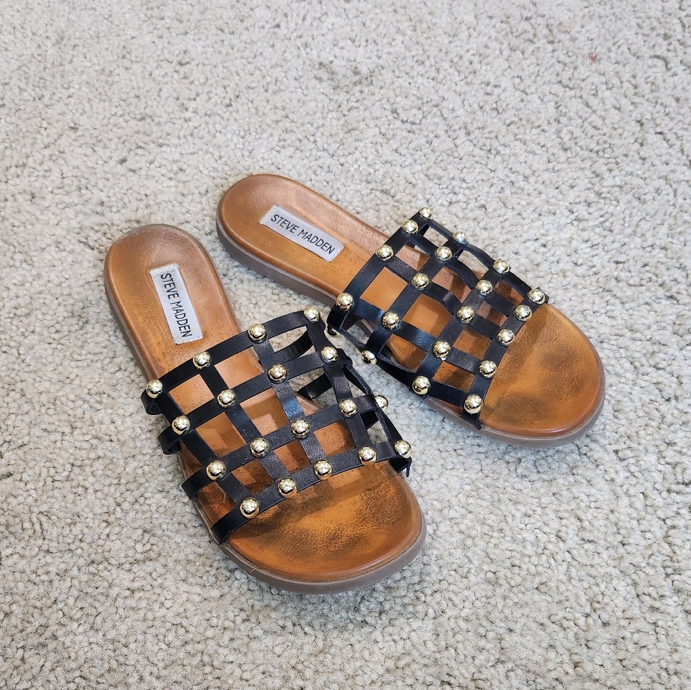 Steve Madden Brown Slide Sandals Black Gold Spheres Straps Size 9 + FREE BAG - Picture 8 of 10